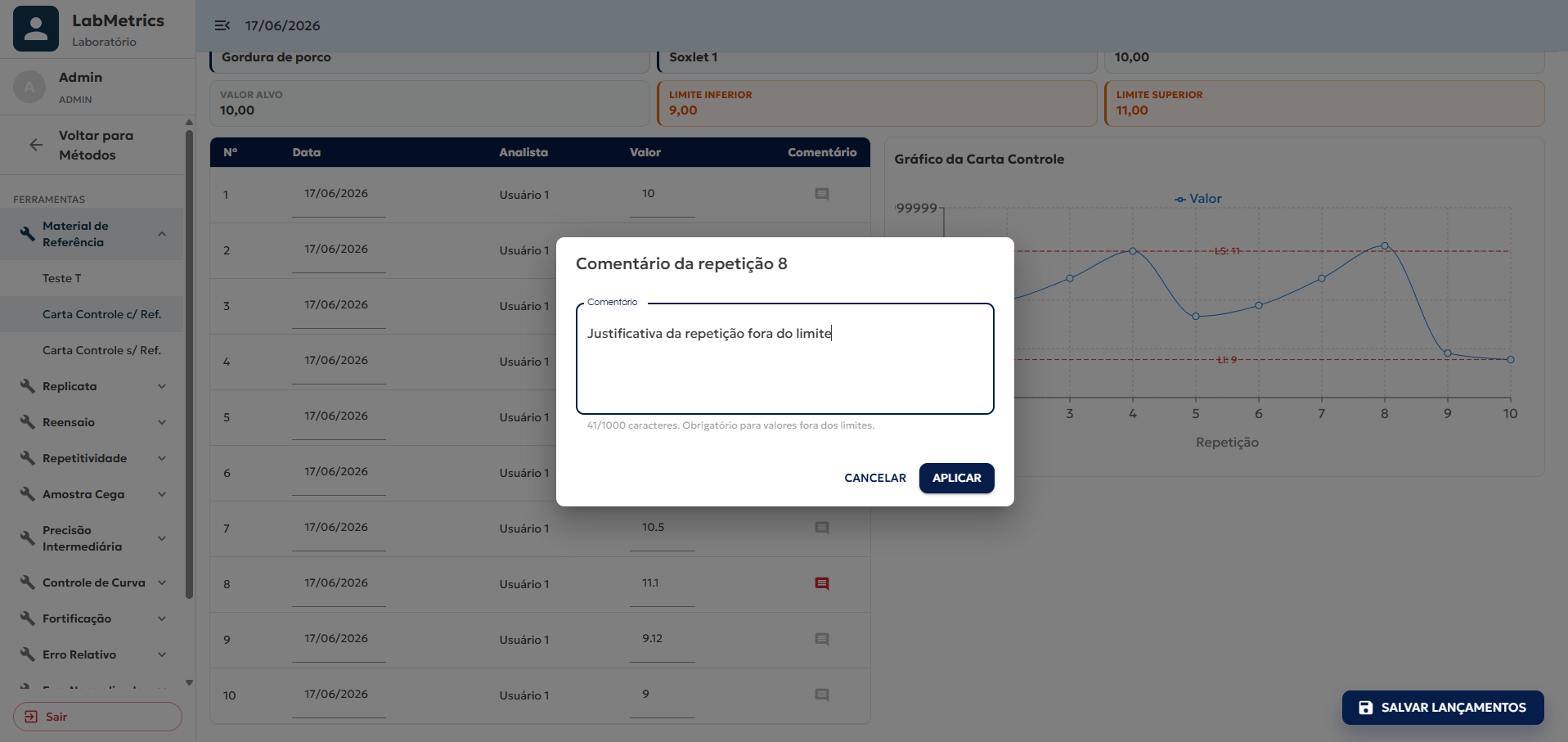 Tela de Material Referência - Carta Controle com valores de referência