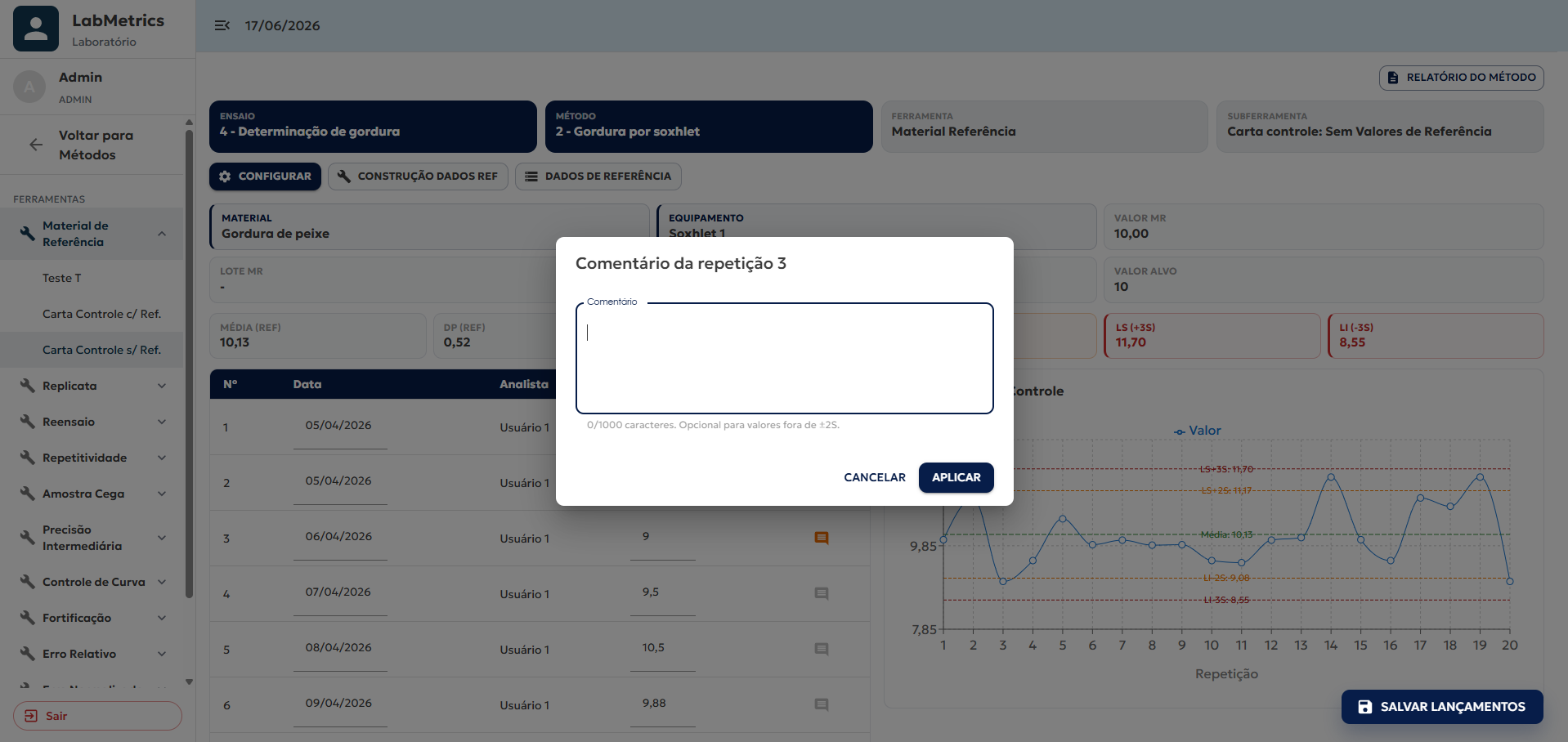 Tela de Material Referência - Carta Controle sem valores de referência - 2